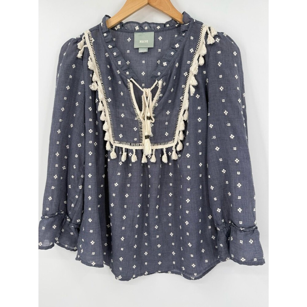 Anthropologie Maeve Sawyer Peasant Top with Tassel Trim | Blue | Medium - Picture 4 of 6